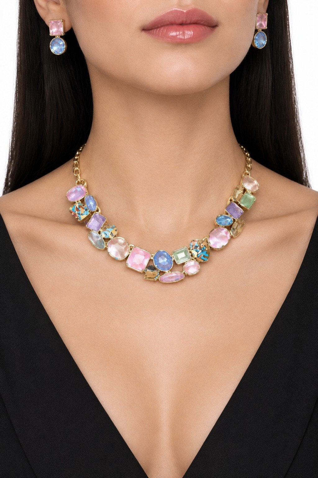 kleurrijke halsketting met bijpassende oorbellen., Bijoux, Sacs & Beauté, Neuf, Enlèvement ou Envoi, Autres couleurs, Autres matériaux