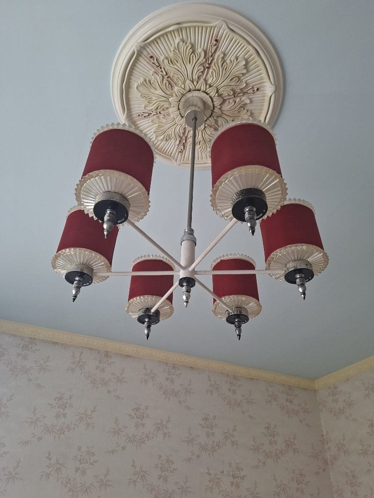 Retro plafondlamp met rode kappen, Ophalen, Gebruikt, Vintage