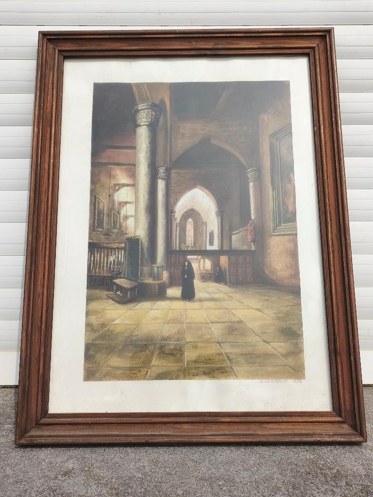 Aquarelle intérieur d église signe g lambelin, Ophalen of Verzenden