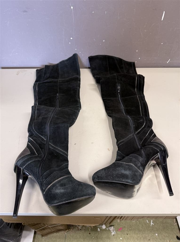 River Island lange zwarte suede leren hoge laarzen maat 38, Enlèvement ou Envoi, Comme neuf, Bottes hautes