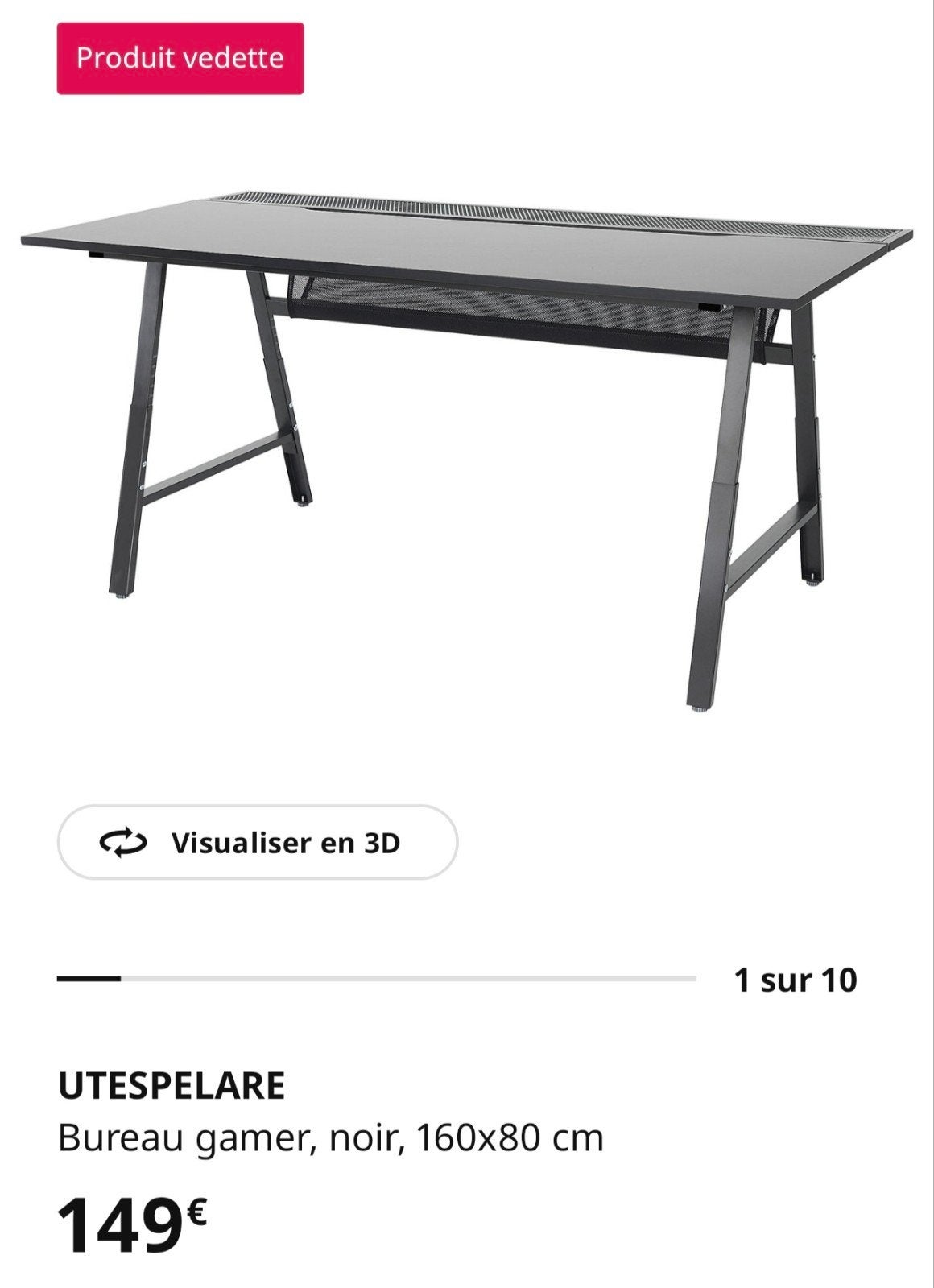 Bureau gamer 160/80 cm, Comme neuf, IKEA, Moderne, Réglable en hauteur