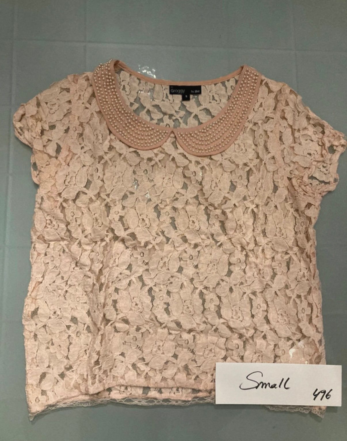 T-shirt in kant jbc, small, Kleding | Dames, Topjes, Ophalen of Verzenden, Zo goed als nieuw, Roze, Korte mouw