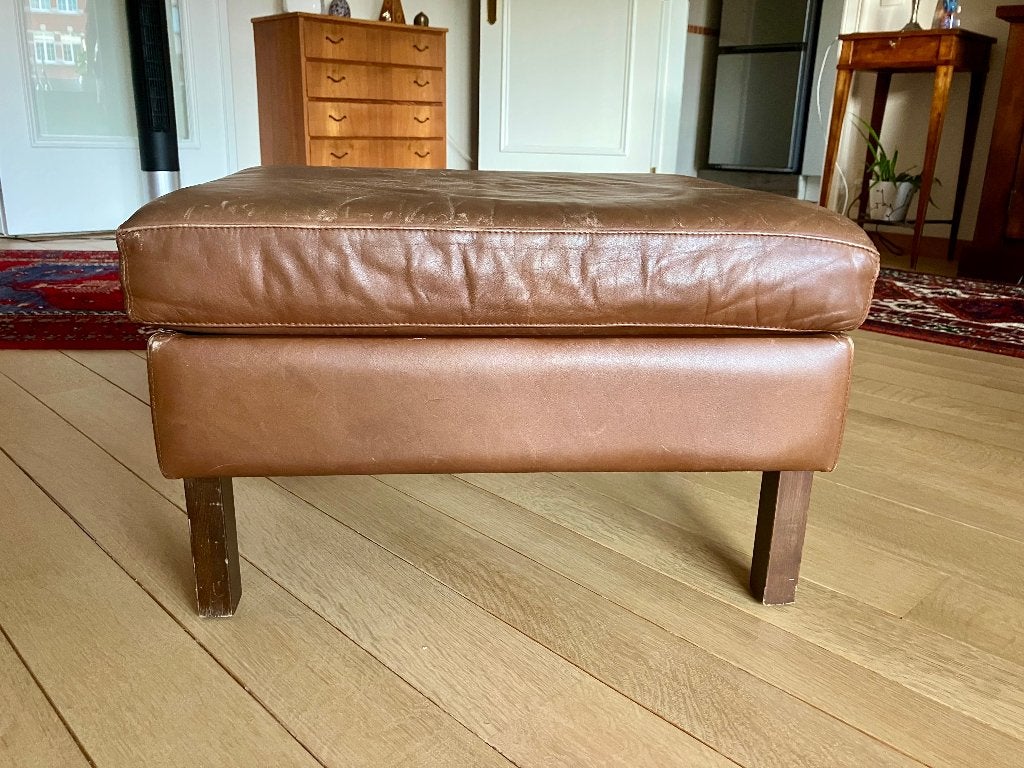 Vintage leren hocker / voetenbank - Deens design, Huis en Inrichting, Ophalen, Gebruikt, 50 tot 75 cm, Scandinavisch
