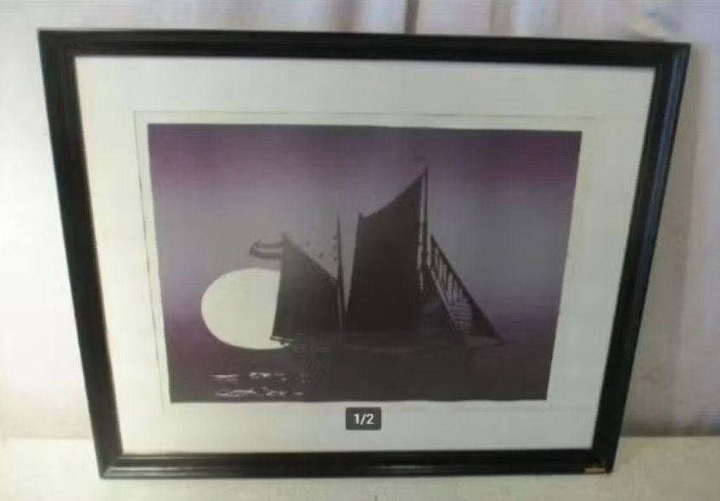Belle lithographie « Voilier au coucher du soleil » - 54x44, Antiquités & Art, Encadré, Enlèvement ou Envoi, Paysages, Lithographie