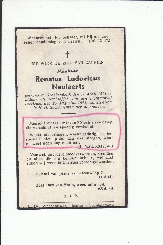 Slachtoffer WO II - luchtaanval Grobbendonk 1944, Collections, Images pieuses & Faire-part, Envoi, Image pieuse