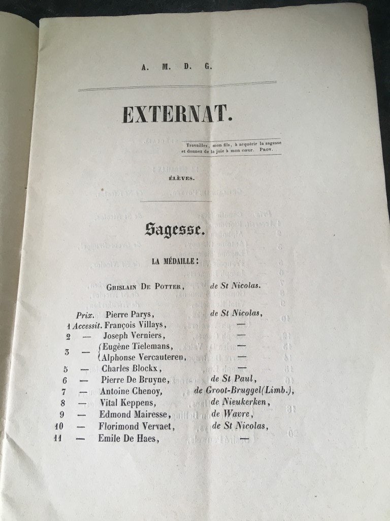 1857 - St. Jozef Sint-Niklaas - des prix aux élèves extern, Ophalen of Verzenden