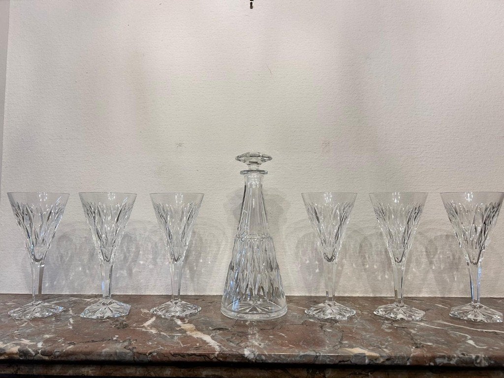 Carafe et 6 verres à pied en cristal  Val Saint -Lambert, Antiquités & Art, Enlèvement
