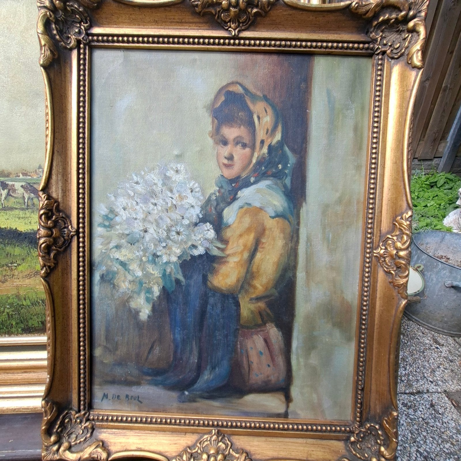 Jeune femme avec des fleurs M. de Beul, Antiquités & Art, Portrait ou Personnes, Enlèvement ou Envoi, Encadré, Technique mixte