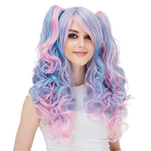 Lolita pruik zoetroze en blauw met krullen en 2 staarten, Verzenden, Nieuw