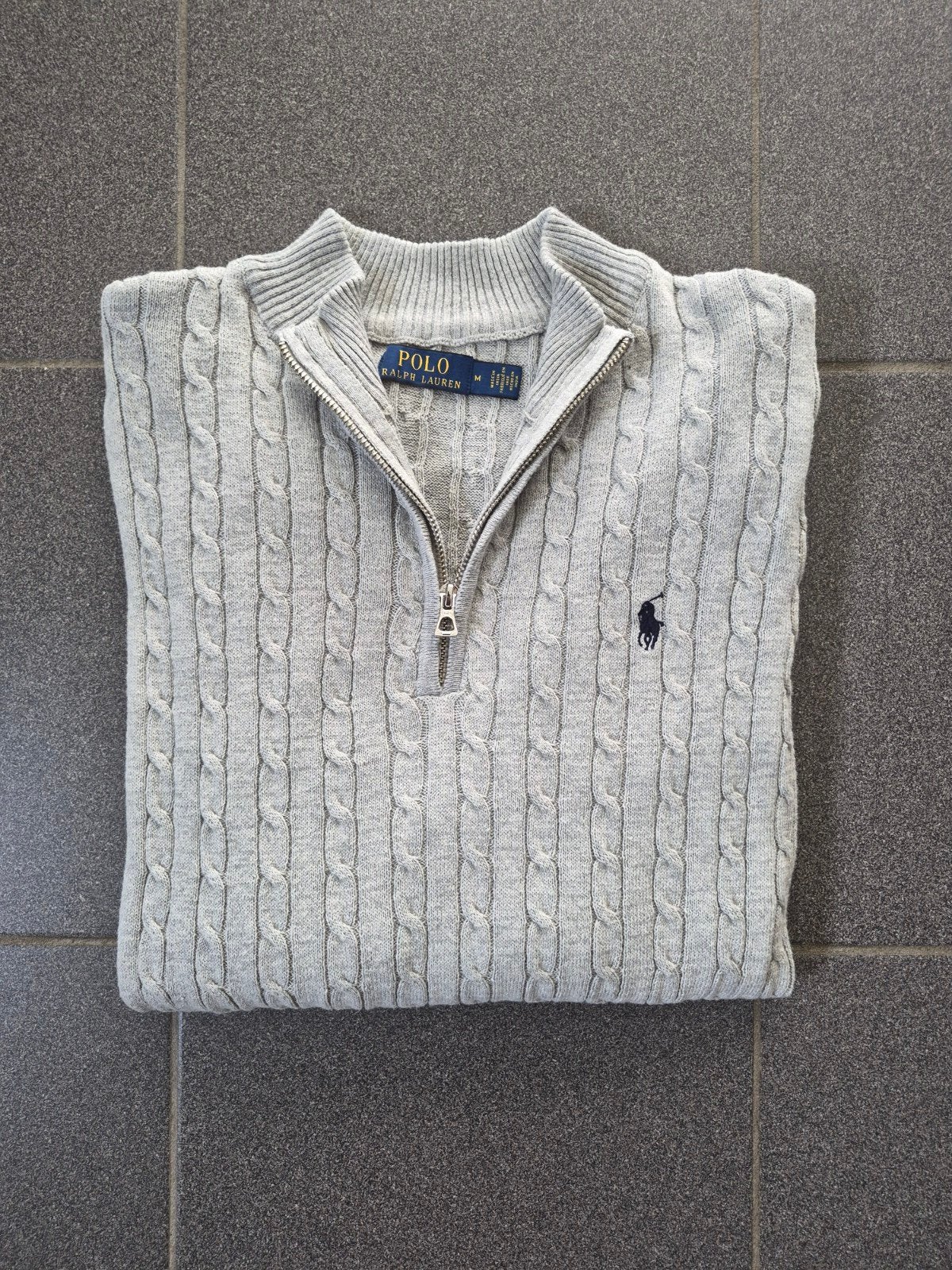 Polo Ralph Lauren quarterzip, lichtgrijs, cable knit, heren,, Kleding | Heren, Truien en Vesten, Ophalen of Verzenden, Maat 48/50 (M)