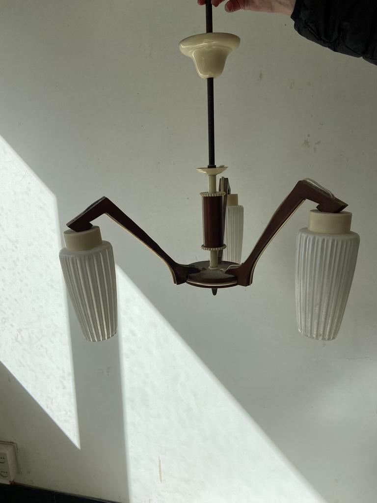 Luster vintage met glazen kapjes., Huis en Inrichting, Lampen | Kroonluchters, Ophalen, Zo goed als nieuw