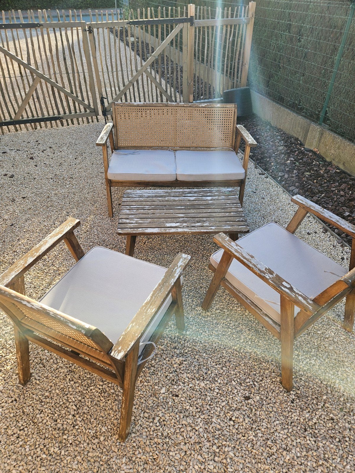 Rotan loungeset met kussens, Ophalen, 4 zitplaatsen, Gebruikt, Rotan