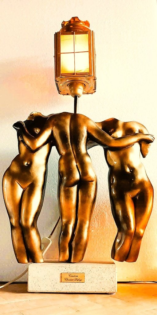 Christian Defays  - Sculpturale Tafellamp "De Drie Gratiën", Antiek en Kunst, Art deco, Handgemaakt, Steen of Keramiek, Beeld