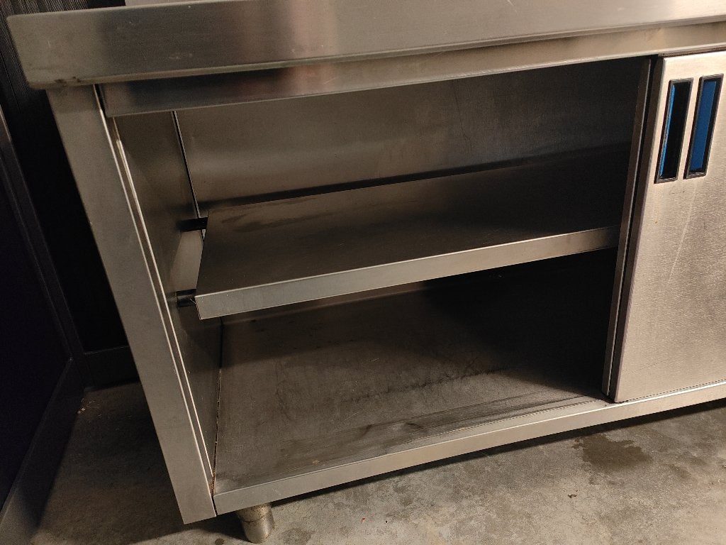RVS Weerkbank - Werktafel, onderstel met schuifdeuren 149x85, Huis en Inrichting, Gebruikt, 100 tot 150 cm, Ophalen of Verzenden