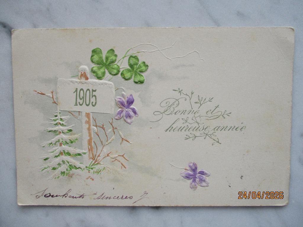 nieuwejaar klaver vier bloemen wegwijzer 1905, Envoi, Avant 1920, Non affranchie, (Jour de) Fête