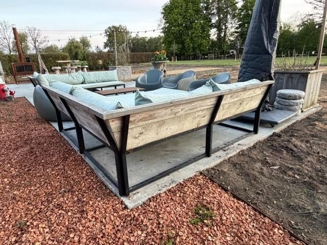 Lounge set / Love seat in staal & hout -volledig met kussens, Tuin en Terras, Ophalen, Overige materialen, Gebruikt, Bank
