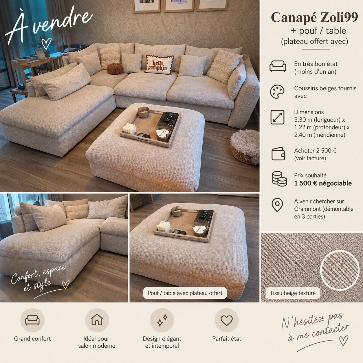 Canapé Zoli99 + pouf/table, Enlèvement, Comme neuf