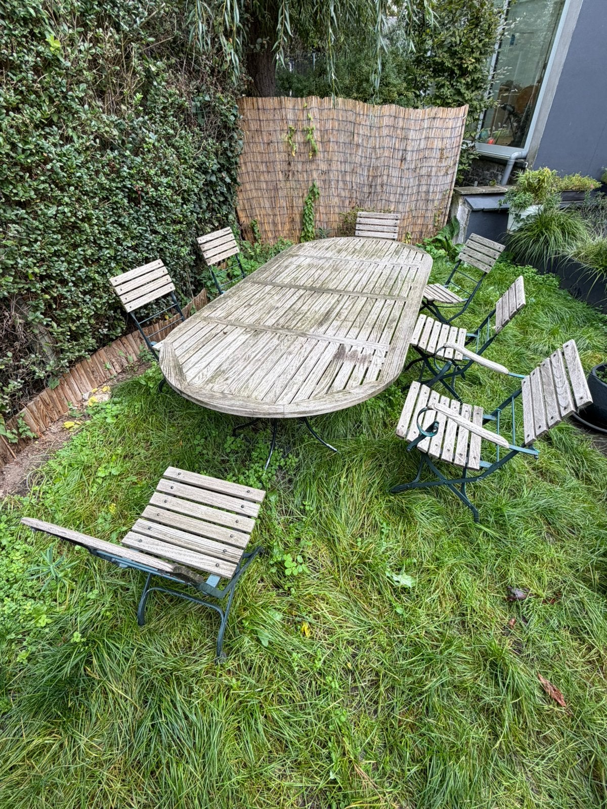 Table de jardin en teck et 7 chaises, Jardin & Terrasse, Enlèvement, Utilisé, Bois de teck, Pliant