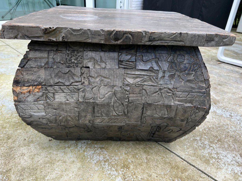 Houten salontafel met houtsnijwerk – Ibiza vibes, Tuin en Terras, Ophalen, Gebruikt, Bijzettafel, Loungeset