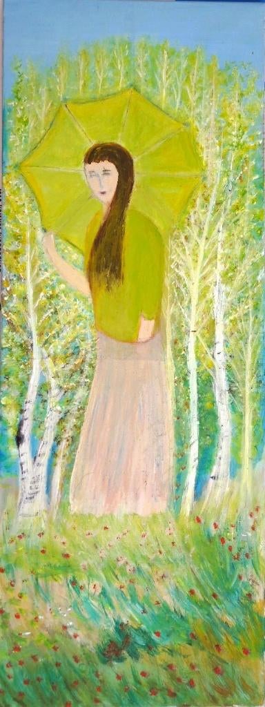 Onbekende Maker acryl op canvas "Meisje in Bos met Parasol", Ophalen, Minder dan 50 cm, Oorspronkelijke maker, Zo goed als nieuw