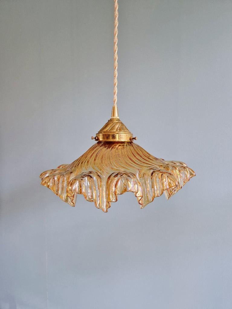 Trio van amberkleurige hangers van geschulpte glas, jaren 30, Ophalen of Verzenden