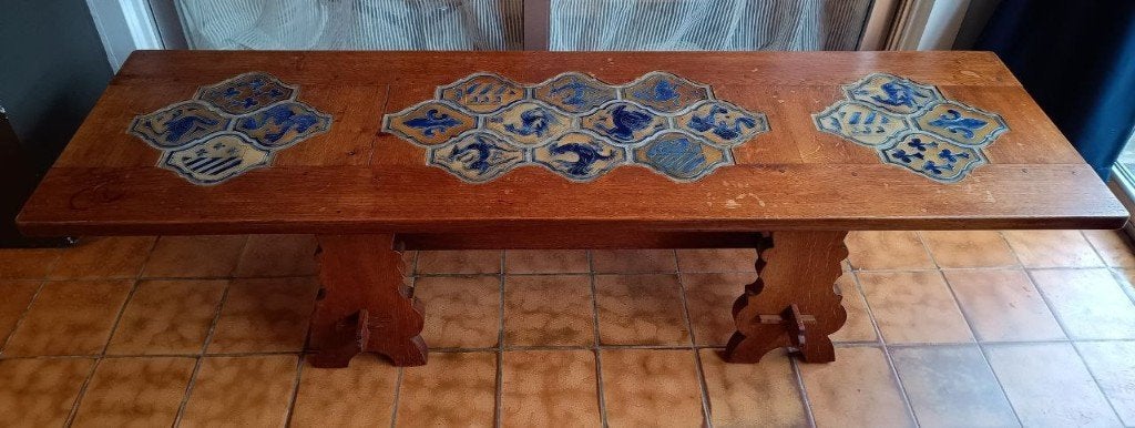 Brocante tafel met kobaltblauw tegelmozaïek, Antiek en Kunst, Ophalen