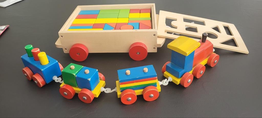 Houten trein en houten blokkendoos, Ophalen of Verzenden, Gebruikt
