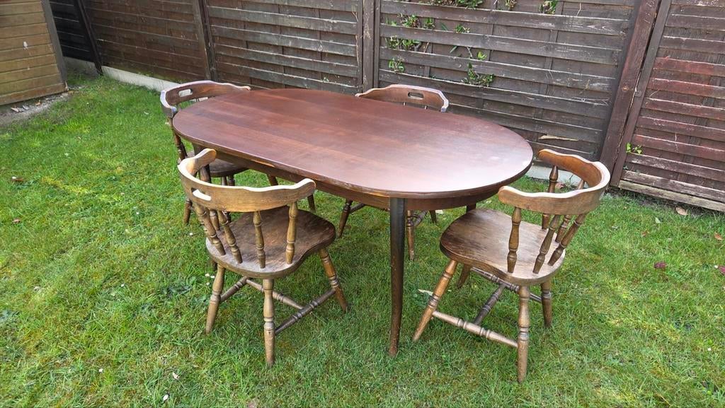 Massieve houten eettafel 200x90 cm + 4 stoelen - rustieke ee, Huis en Inrichting, Ophalen, Gebruikt, Rustiek, Eikenhout