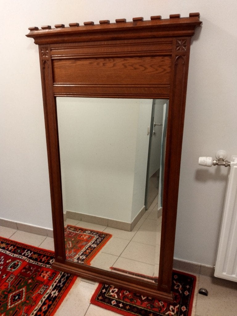 Eiken Antieke Spiegel, Ophalen, Rechthoekig, 50 tot 100 cm, 150 tot 200 cm