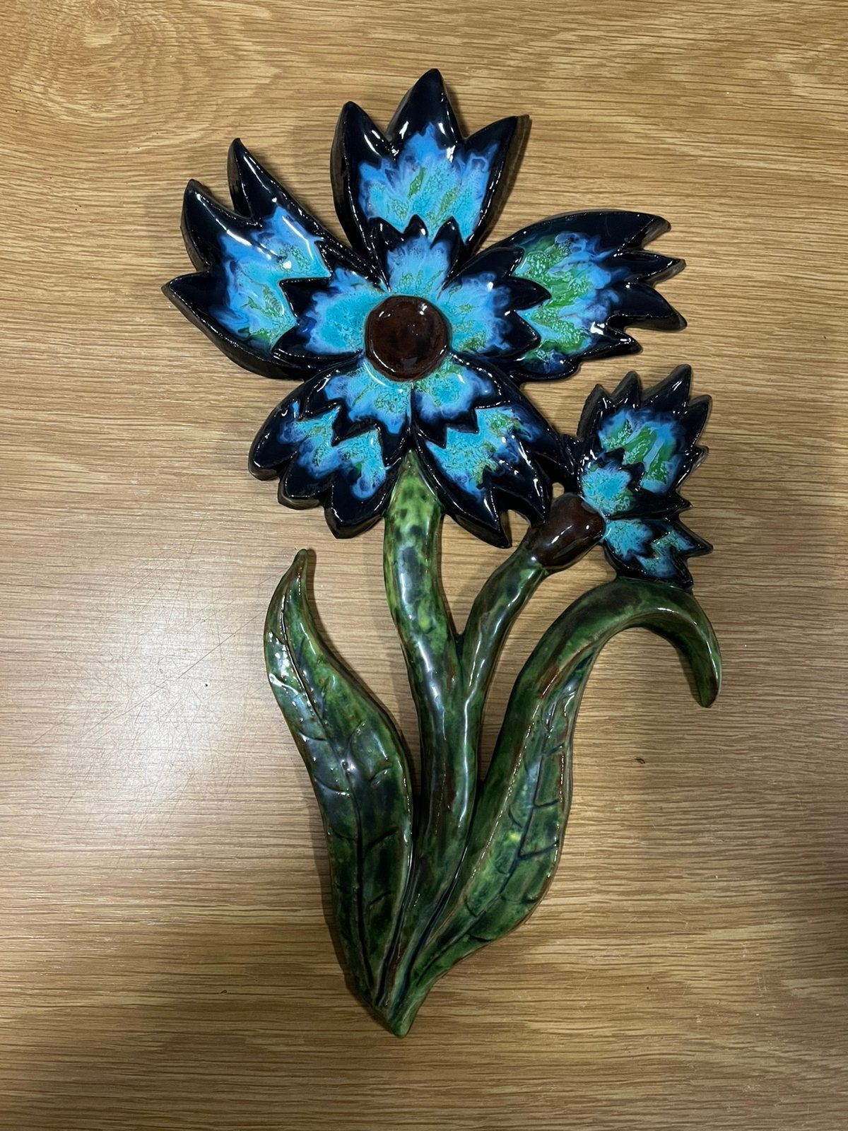 Décoration murale céramique fleur bleue 40cm, Maison & Meubles, Enlèvement, Comme neuf, Bleu