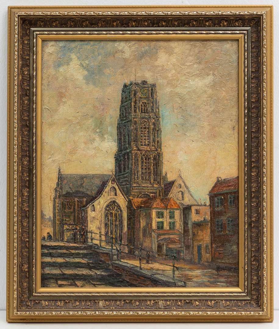 Jacobus H Brautigam (1911-1984) - Laurenskerk Rotterdam, Ophalen of Verzenden, Olieverf, Stadsgezicht