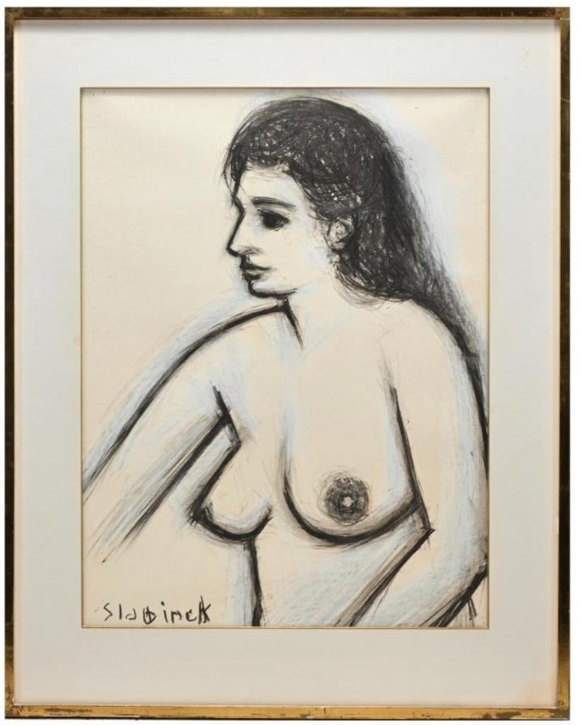 SLABBINCK Rik "Vrouw met ontblote torso" houtskool en pastel, Antiek en Kunst, Ophalen