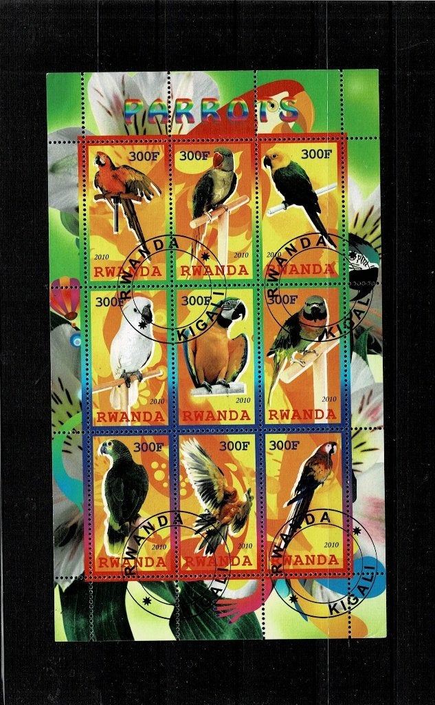 AFRIQUE RWANDA PERROQUETS 1 BLOC DE 9 TIMBRES OBLITERES, Timbres & Monnaies, Enlèvement, Autres pays, Affranchi