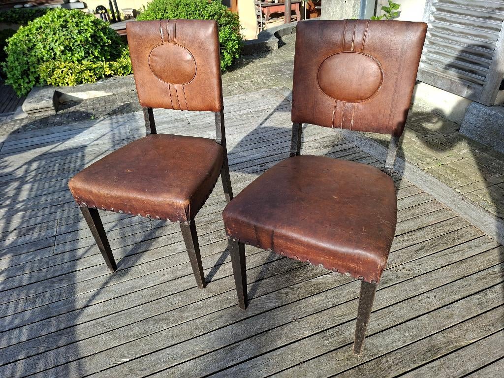2 vintage lederen stoelen, Huis en Inrichting, Stoelen, Gebruikt, Twee, Hout, Leer, Bruin, Ophalen
