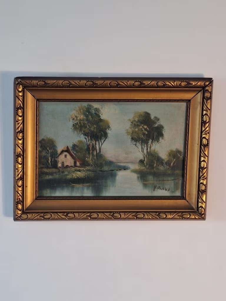 Schilderij 'Huisje aan het water' - Gesigneerd Roland, Antiquités & Art, Art | Peinture | Classique, Enlèvement ou Envoi, Peinture à l'huile