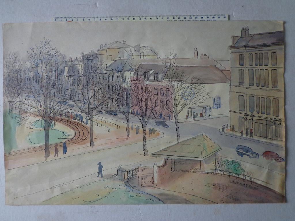Aquarel met charmant stadslandschap mogelijk Brussel, Antiquités & Art, Art | Dessins & Photographie, Enlèvement ou Envoi, Photo