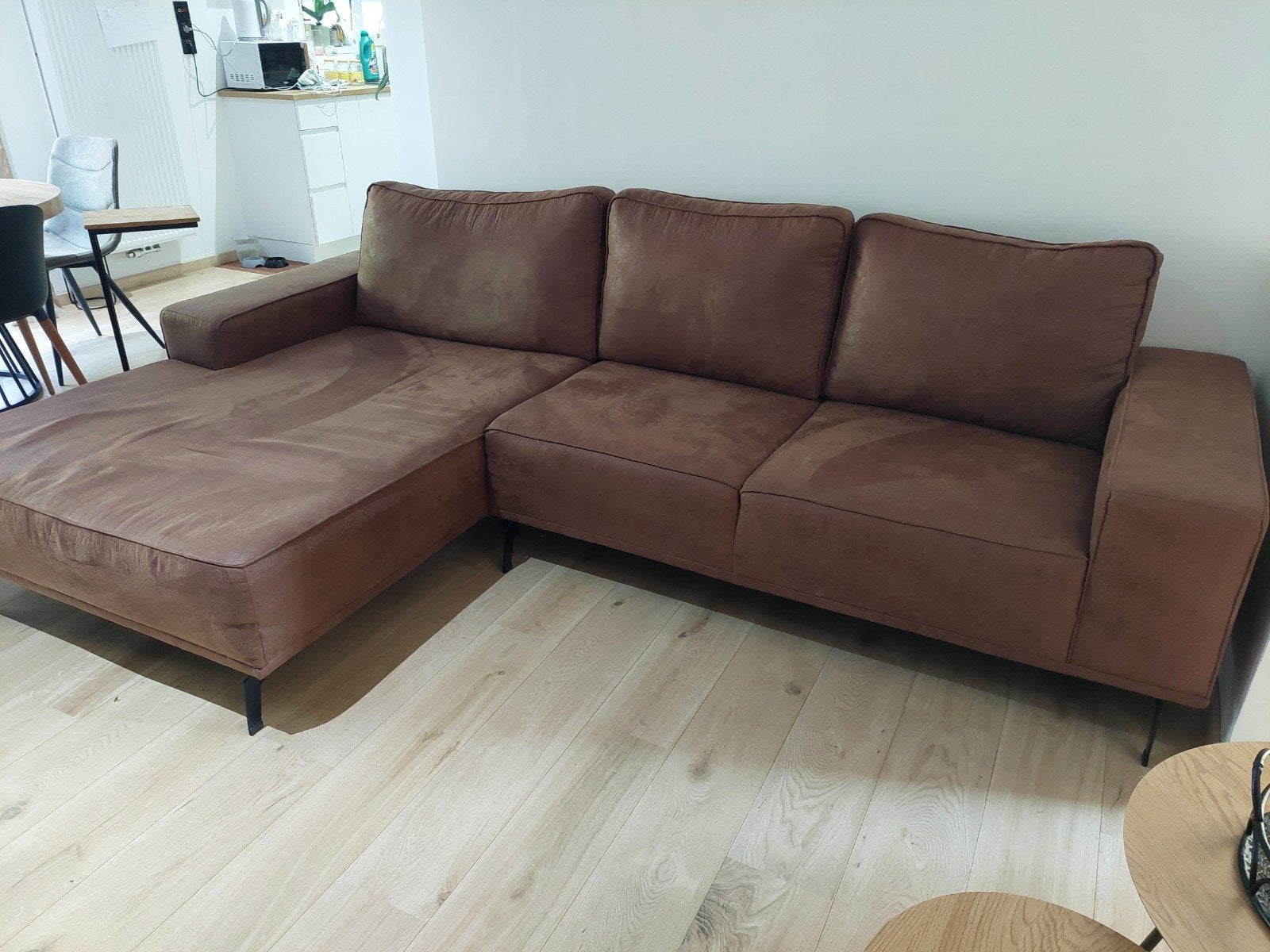 Zetel in bruine stof met lederlook effect. 178cm breed, Huis en Inrichting, Ophalen, Stof