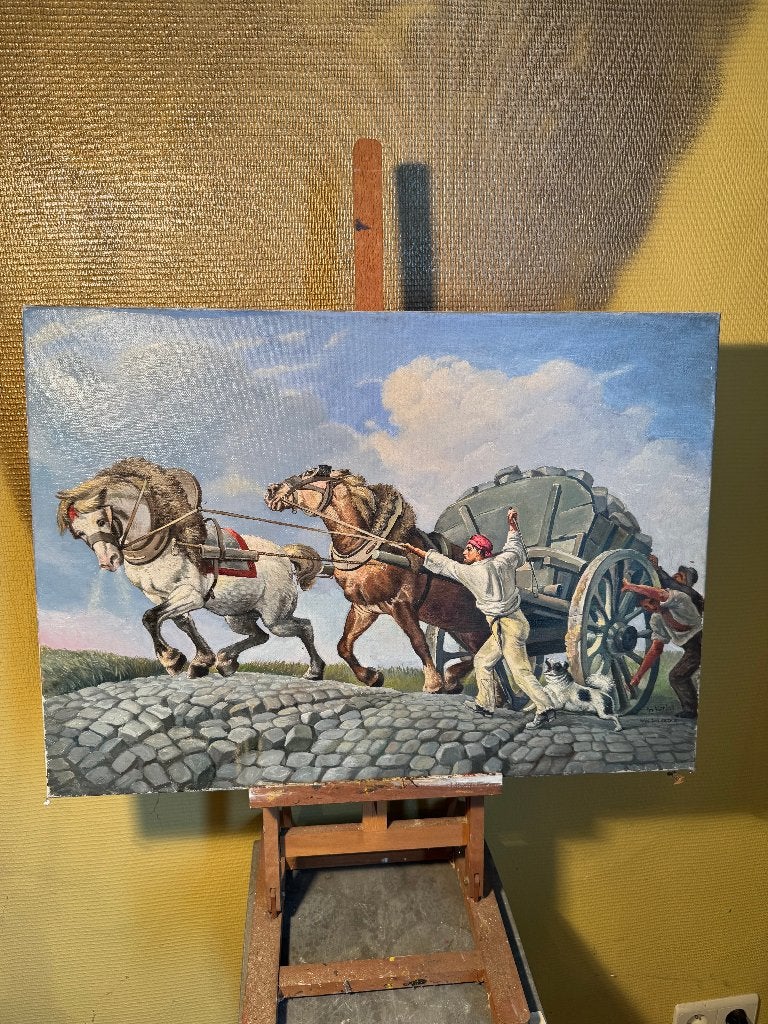 Schilderij paarden en kar, Antiek en Kunst, Ophalen