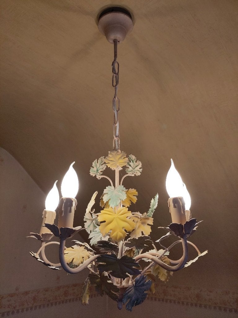 Vintage Franse Toleware kroonluchter / luster met bladeren, Ophalen