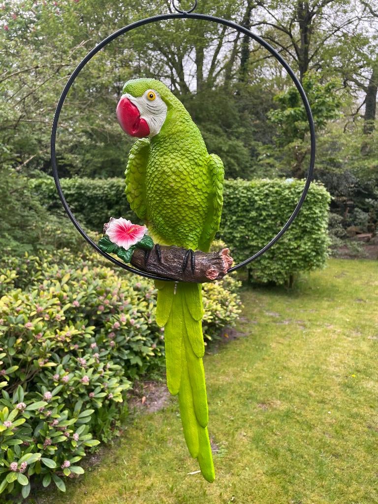 Beeld papegaai Groen tuin, vijver, balkon 50cm, Ophalen of Verzenden, Nieuw, Kunststof, Dierenbeeld