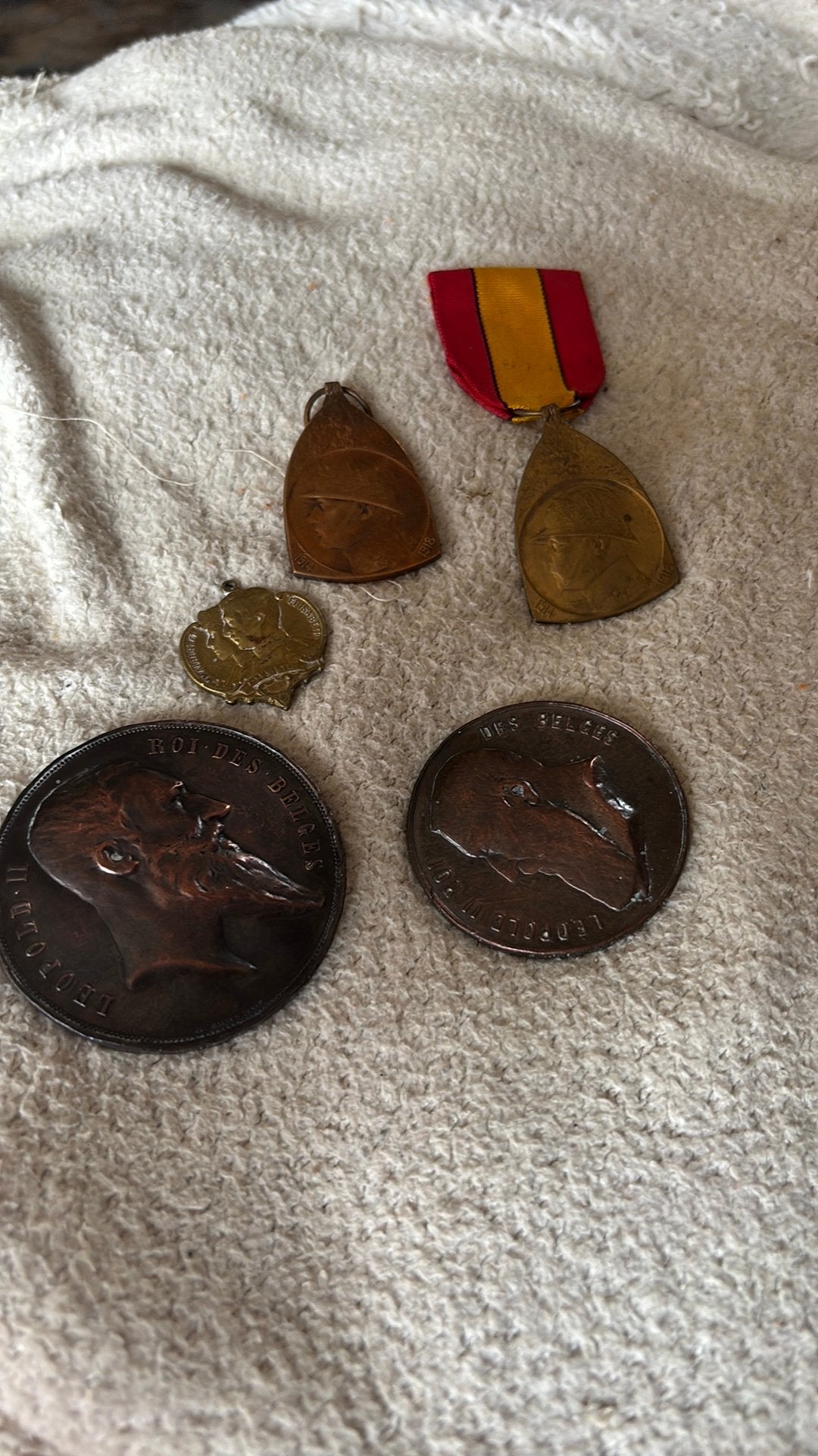 Set antieke Belgische penningen & WOI medailles (Leopold II, Enlèvement ou Envoi, Bronze