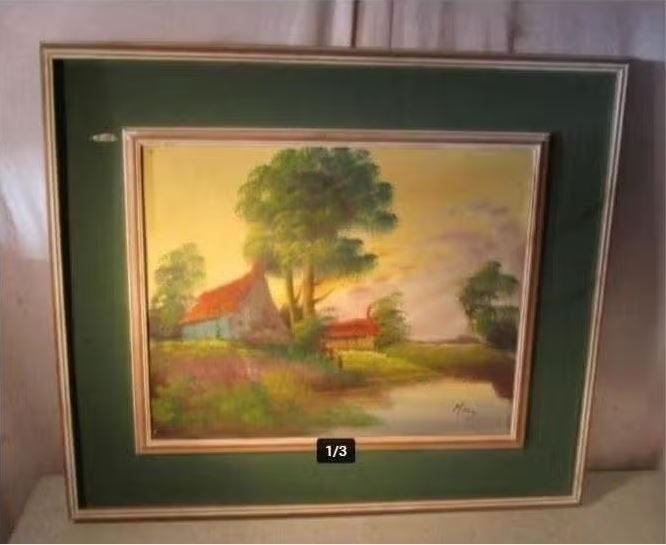 Mooi Geschilderd Werk 'Huisje met vijver' - gesigneerd, Doek, Ophalen of Verzenden, Gesigneerd, Landschap
