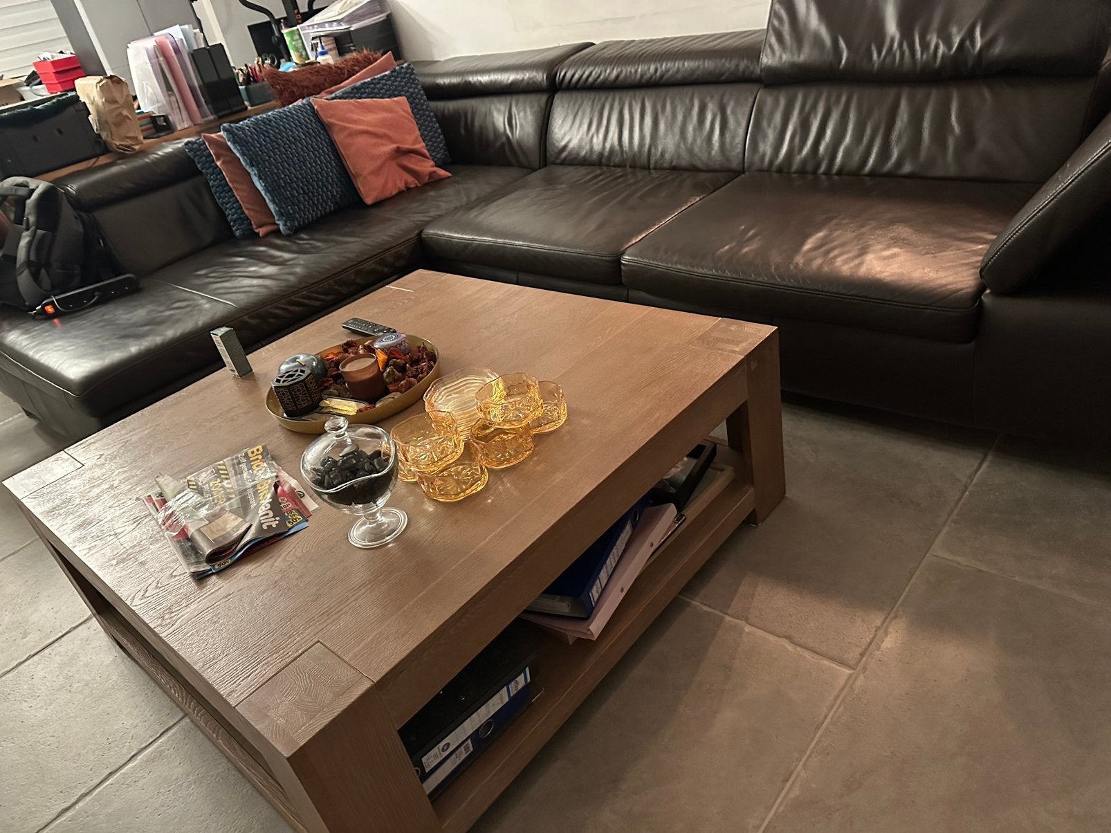 Lederen zetel + chaise longue, Ophalen, 250 tot 300 cm, 100 tot 125 cm, Alle