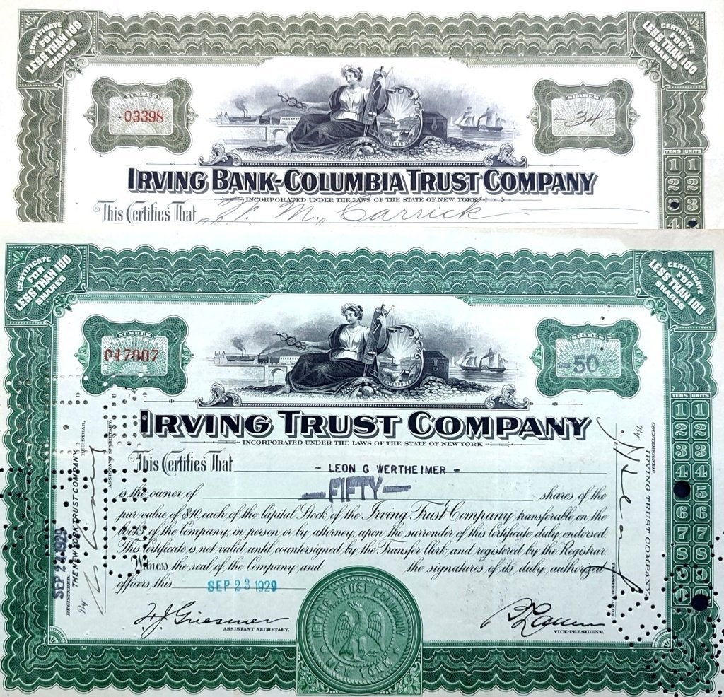 Irving (Bank-Columbia) Trust Company 1923-29, Postzegels en Munten, Aandelen en Waardepapieren, Ophalen of Verzenden, 1920 tot 1950