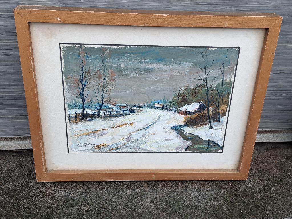 Huile sur papier paysage enneige signe georges remy 69, Antiek en Kunst, Kunst | Schilderijen | Klassiek, Ophalen of Verzenden