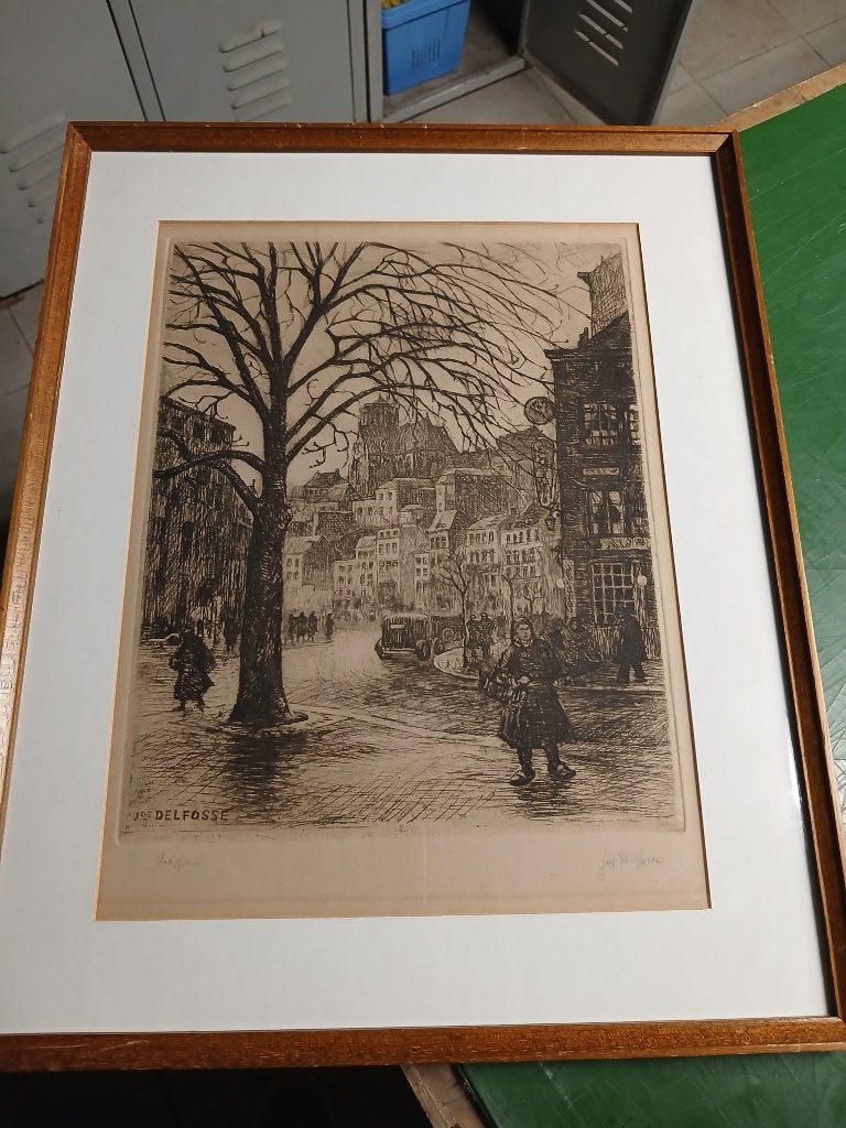 eau forte signee par Jos Delfosse Liege, Antiek en Kunst, Ophalen of Verzenden, Met tekst