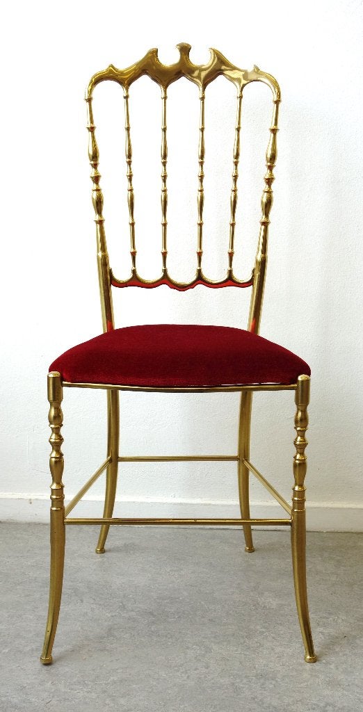 Vintage Chiavari stoel Hollywood Regency messing 1 van 2, Ophalen, Gebruikt, Twee, Vintage Mid-Century Modern Italiaans design Regency