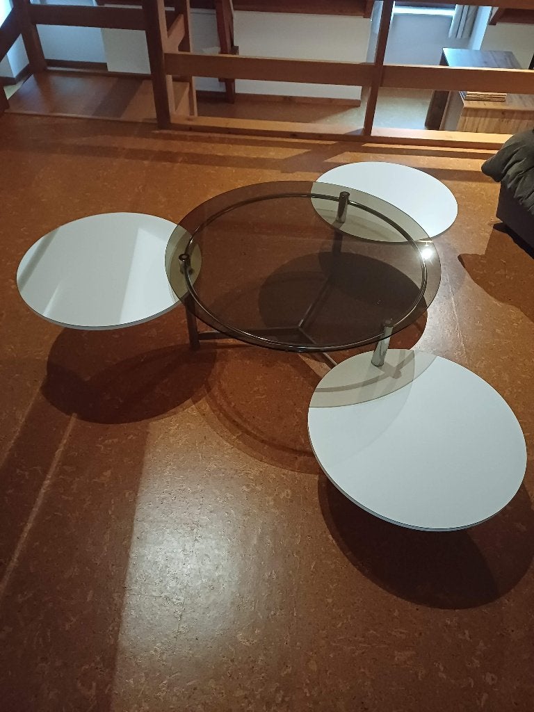 Vintage "Space Age" uitschuifbare salontafel, jaren '70, Huis en Inrichting, Ophalen, Gebruikt, Rond, Glas