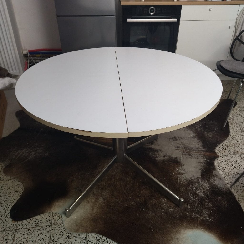 Witte eettafel, rond, D 110cm, verlengstuk van 40cm, Ophalen, Gebruikt, Rond, Vijf personen of meer