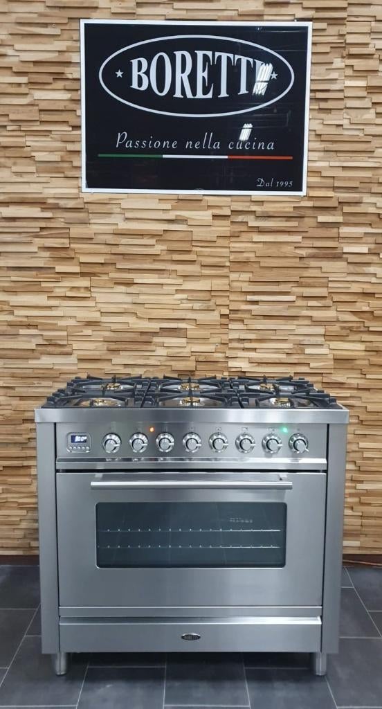 Luxe Boretti Fornuis 90cm rvs + rvs 1 300° oven 6 pits, Gaz, Classe énergétique A ou plus économe, Comme neuf, Enlèvement